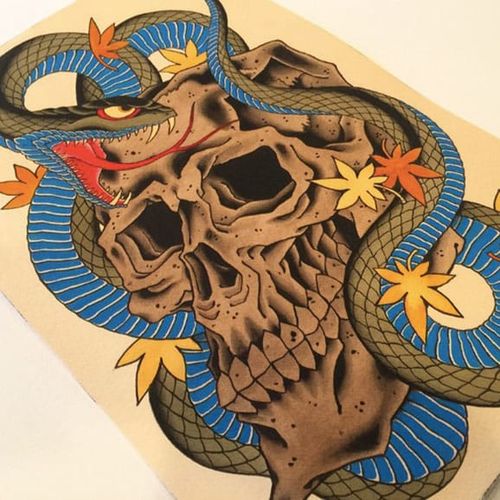 Awesome color combinations in this skull design. Tattoo design by Chris O'Donnell. #ChrisODonnell #TraditionalJapanese #KingsAvenueTattoo #NewYorkTattooer #oriental #easternculture #snake #asianart #skull #illustration