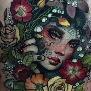 Woodland goddess by Hannah Flowers #HannahFlowers #portrait #neotraditional #realistic #lady #eyes #flowers #roses #bluebells #poppies #leaves #nature #forest #woods #color #tattoooftheday