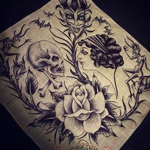 Kiss of Death via instagram maryjoytattoo #handkerchief #flashart #art #skull #woman #death #maryjoy
