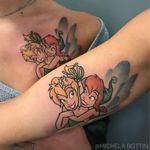 Matching tattoos by Michela Bottin #MichelaBottin #matchingtattoos #color #newtraditional #Tinkerbell #Disney #bff #friend #portrait #fairy #wings #bow #cute #tattoooftheday