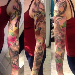 Realism sleeve tattoo by Amy Autumn #AmyAutumn #stag #flower #realism #colour