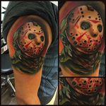 Jason Voorhees the Serial Killer Tattoo by Rick Moreno #RickMoreno #SlickRick #Traditional #Neotraditional #ElectricChairTattoo #Jason #Fridaythe13th