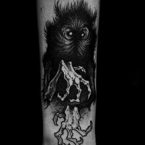 Creature of the dark tattoo by Sergei Titukh. #SergeiTitukh #blackwork #creepy #nightmare #creature #spooky #dark #shadow #monster