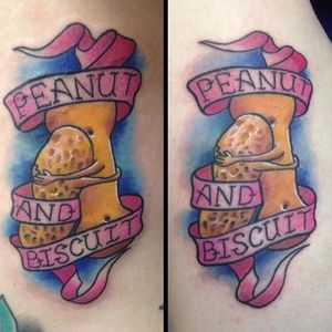 Peanut and biscuit tattoo by Scott Don. #lettering #banner #peanut #biscuit #ScottDon