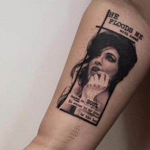 Amy Winehouse tattoo by Emma Bundonis. #AmyWinehouse #RIP #tribute #singer #27club #blackandgrey #lyrics