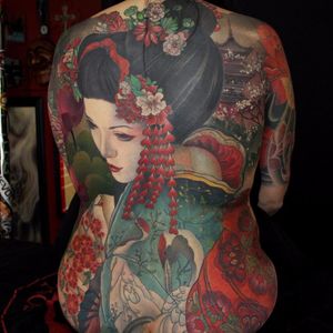 Land of the Rising Sun back-piece by Jeff Gogue #gogueart #jeffgogue #Japanese #neotraditional #mashup #illustrative #geisha #cherryblossom #pagoda #crane #flowers #nature #backpiece #color #portrait #lady #tattoooftheday