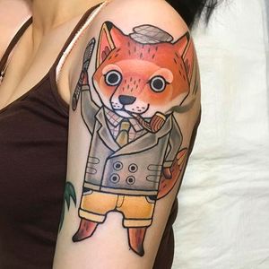 Super neat fox tattoo! This cute little fellow was tattooed by Ginger Jeong. #gingerjeong #fox #kitsune #pipe #coloredtattoo #neotraditional