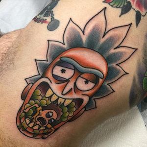 A Neo-Taditional take on Rick And Morty. Tattoo by Leah Eri Westerlund #RickAndMorty #neotraditional #cartoon #LeahEriWesterlund