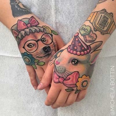 Sweet animal tattoos by Michela Bottin #MichelaBottin #handtattoos #color #newschool #cute #dog #doge #glasses #flowers #bunny #rabbit #partyhat #bow #ribbon #candyhearts #watch #tattoooftheday