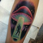 Mushu abduction tattoo by Giena Todryk #GienaTodryk #spacetattoos #color #surreal #newtraditional #trippy #psychedelic #mushroom #ufo #stars #forest #abduction #alien #galaxy #space #scifi