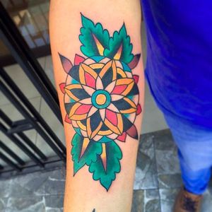 Bright and Bold Flower Mandala Tattoo by Greg Hudson at Valley Tattoo #Bright #Bold #Flower #Mandala #GregHudson #ValleyTattoo