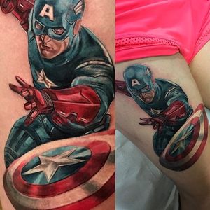 Realistic Captain America tattoo by Blazhe Atanaskov. #captainamerica #superhero #marvel #comics #movies #realism #BlazheAtanaskov