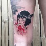 Namakubi tattoo by Silly Jane #SillyJane #namakubitattoo #color #blackwork #anime #manga #blackfill #portrait #severedhead #sword #samuraisword #blood #ladyhead #lady #death #bloodsplatter #tattoooftheday