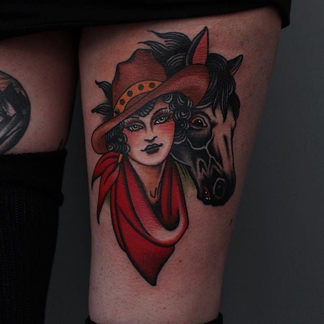 American traditional cowgirl done by Charlie Dunkel at the Heart of Gold  Tattoo Club in Philadelphia   rtattoo