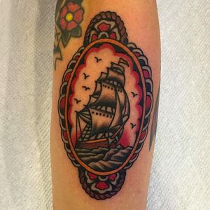 Classic little galleon tattoo by Zach Nelligan. #ZachNelligan #MainStayTattoo #traditionaltattoo #classic #galleon #ship