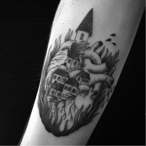 Creative anatomical heart tattoo by Toma Pegaz #TomaPegaz #blackwork #anatomicalheart #castle #fire