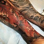 ME-OW! By Jeff Gogue (via IG—gogueart) #jeffgogue #painterlystyle #largescale #tigertattoo #legsleeve