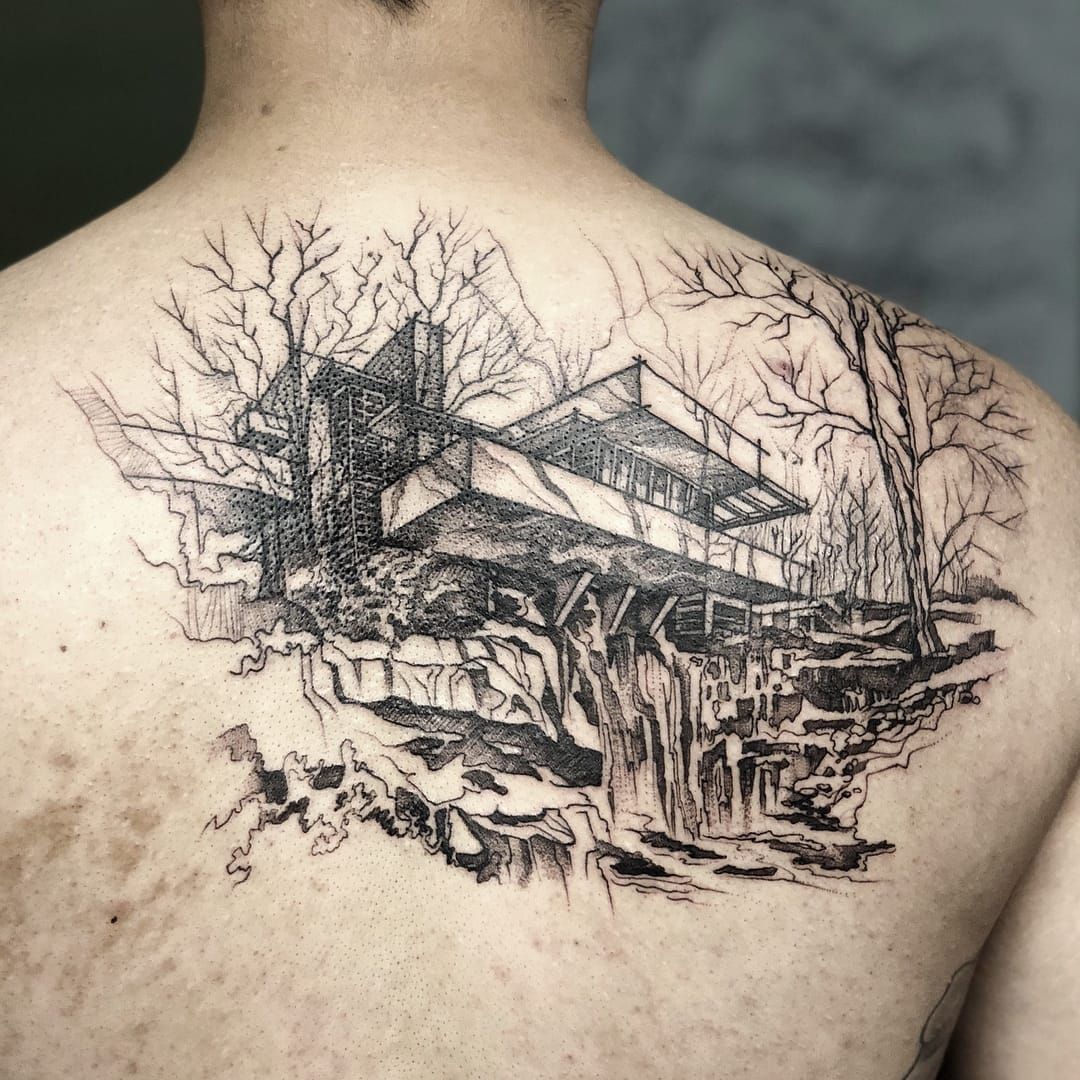 Tattoo uploaded by Tattoodo • Falling Waters tattoo by aarchitattoo #aarchitattoo #favoritetattoo #linework #sketch #illustrative #FallingWaters #FrankLloydWright #house #architecture #building #waterfall #forest #landscape • Tattoodo