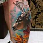 Check out the awesome background on this deer tattoo by Sandra Daukshta. #SandraDaukshta #deer #deertattoo