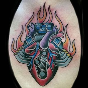 Engine Tattoo by Brandon Henderson #engine #mechanical #traditional #BrandonHenderson