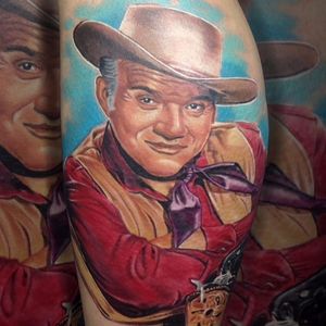 Incredible cowboy portrait tattoo done by Martin Kukol. #MartinKukol #realistic #mARTink #cowboy #portrait