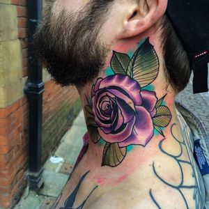 Neck rose tattoo by Matt Webb #MattWebb #rose #neotraditional #roses