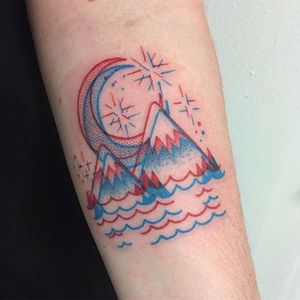 Anaglyph 3D mountain  tattoo by Winston Whale. #WinstonWhale #winstonthewhale contemporary #trippy #3d #mountain #anaglyph