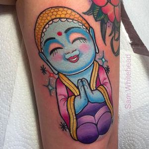 Cute and Happy Buddha Tattoo by Sam Whitehead @Samwhiteheadtattoos #Samwhiteheadtattoos #Colorful #Girly #Girlytattoo #Neotraditional #Blindeyetattoocompany #Leeds #UK #Buddha