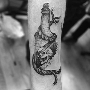 Dotwork Bottle Tattoo by TomTom Tattoos #dotwork #blackwork #bottle #TomTomTattoos