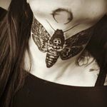 Insane neck tattoo of the SotL moth (via IG -- thealchemistcosmeticslab) #silenceofthelambs #silenceofthelambstattoo