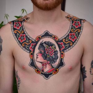 Traditional tattoo by Florian Santus #FlorianSantus #chestpiece #lady
