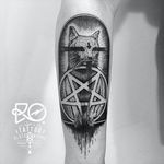 If Baphomet was a cat by Robert Pavez (IG—ro_tattoo). #Baphomet #blackwork #cat #RobertPavez #Satanism #SigilofBaphomet
