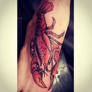 Lobster foot tattoo by Grant Powell. #lobster #seacreature #traditional #GrantPowell