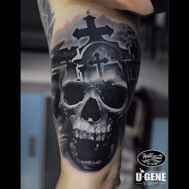 Skull and Graveyard  Psychodelink Tattoo