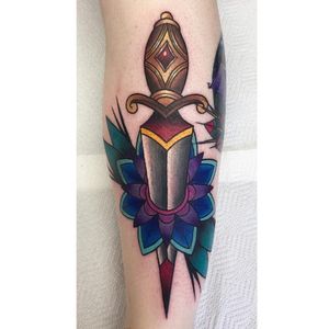 Dagger tattoo by Stephanie Melbourne #StephanieMelbourne #neotraditional #colour #dagger #mandalaflower