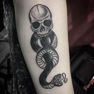 Dark Mark Tattoo by Alexis Kaufman #darkmark #blackwork #blckwrk #snake #skull #blackink #blacktattoos #blackworkartist #AlexisKaufman