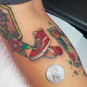 Cute Mini Skate Hi Vans Tattoo by unknown artist #minitattoo #miniaturetattoo #red #Vans #VansTattoo #Shoe #ShoeTattoo