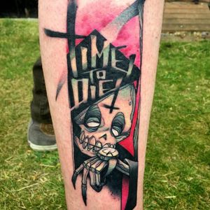 Time's up. Tattoo by Josh Peacock. (Via IG - joshpeacock_obe1) #JoshPeacock #watercolor #graffiti #illustrative #reaper #skull