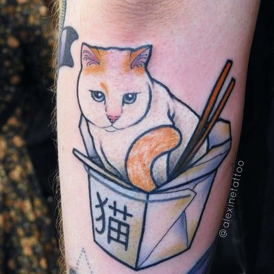 Cat and take-out tattoo by AlexineTattoo #Alexinetattoo #cattattoos #color #realism #realistic #neotraditional #mashup #kanji #chopsticks #takeout #foodtattoo #petportait #cat #chinesefood #box