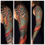 A beautiful sleeve with a majestic hou-ou by Chris O'Donnell (IG—codonnell_nyc). #ChrisODonnell #Houou #Irezumi #Japanese #phoenix #traditional