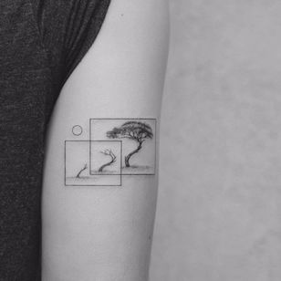 Tree life cycle by Eugene Andriu #EugeneAndriu #fineline #minimalism #shapes #abstract #tree #moon #blackandgrey #lifecycle #sprout #leaves #nature #square #linework #tattoooftheday