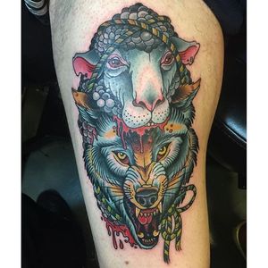 Traditional Wolf and Sheep Cowl Tattoo by Kyle Porter #wolfinsheepsclothing #wolf #sheep #traditional #KylePorter