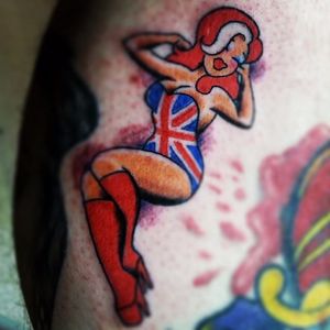 Ginger Spice pinup tattoo by @paul_harting #spicegirlstattoo #spicegirls #gingerspice #gerihaliwell