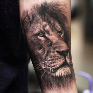 Majestic looking lion portrait tattoo done by Shine. #ShinhyeKim #Shine #blackandgrey #fineline #lion #lionportrait