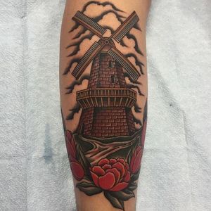 Windmill Tattoo by Drake Sheehan #windmill #mill #traditional #traditionalartist #oldschool #boldwillhold #DrakeSheehan