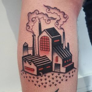 Factory tattoo by Rion #Rion #cooltattoos #color #newtraditional #Japanese #mashup #building #factory #architecture #plants #smoke #coincloud #cloud #tattoooftheday