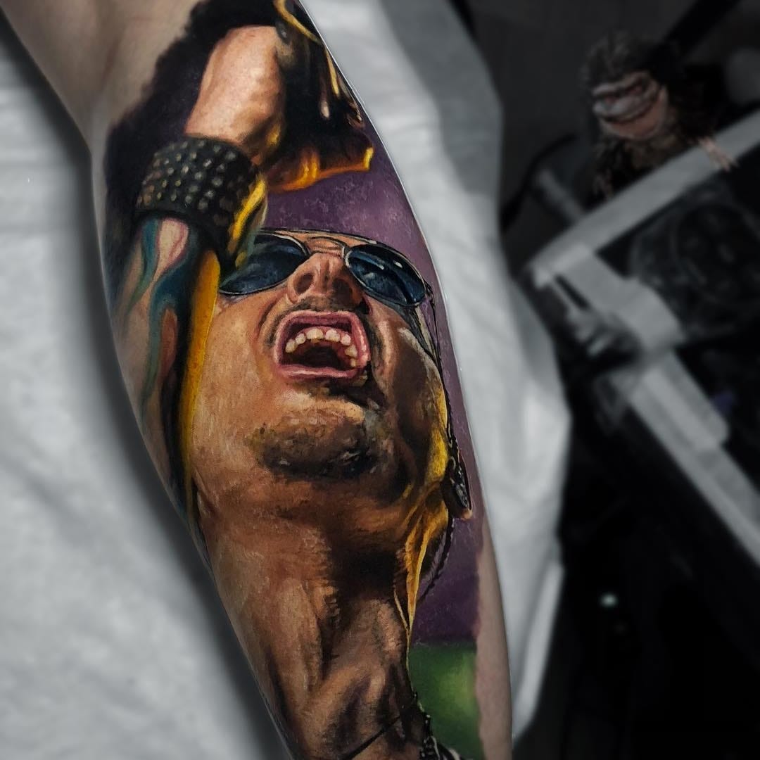 Tattoo uploaded by Tattoodo  chester Bennington tattoo by Sasha OKharin  SashaOKharin musictattoos color realism realistic hyperrealism  ChesterBennington portrait sunglasses fire microphone singer rock  tattoooftheday  Tattoodo