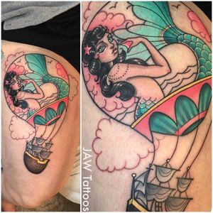 Lovely fantasy tattoo by Jessica Ann White #JessicaAnnWhite #mermaid #hotairballoon #ship #neotraditional #illustrative