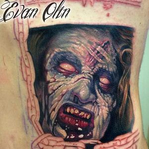 Ash's sister Cheryl was the first to get possessed. Her iconic zombie character makes a popular tattoo. Tattoo by Evan Olin #ashwilliams #evildead #demons #gore #horrortattoo