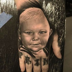 Baby Portrait Hand Tattoo by Orks One via @Orks_Tattoos #OrksTattoos #OrksOne #BlackandGrey #Portrait